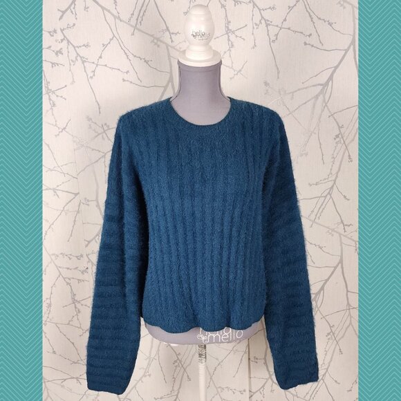 Oak + Fort Emerald Blue Fuzzy Knit Faux Fur Ribbed Crewneck Sweater - Picture 1 of 4